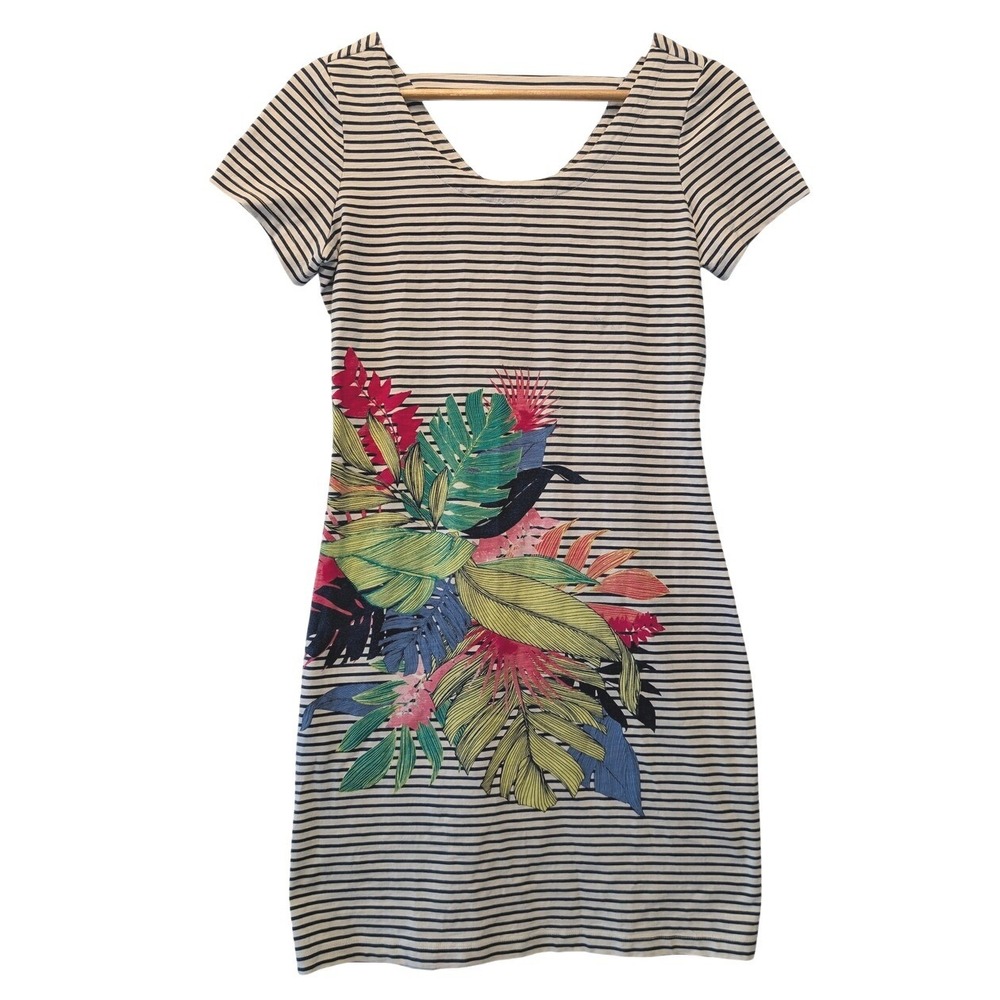 Tommy Bahama Womens XS Navy White Striped Tropical Floral Short Sleeve Dress